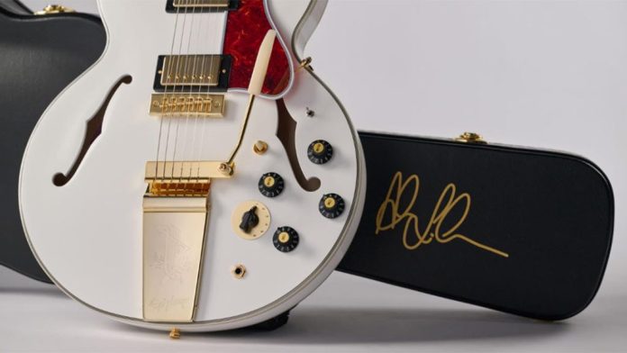 Epiphone_Whitey Epiphone Alex Lifeson 1976 ES-355 Reissue with custom hardshell case | Source: Gibson
